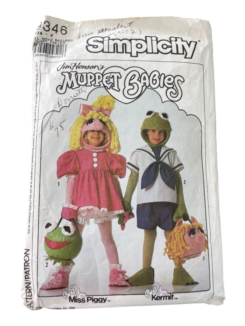 Vintage 80s Simplicity 9346 Costume Sewing Pattern All Sizes Muppet Babies CUT